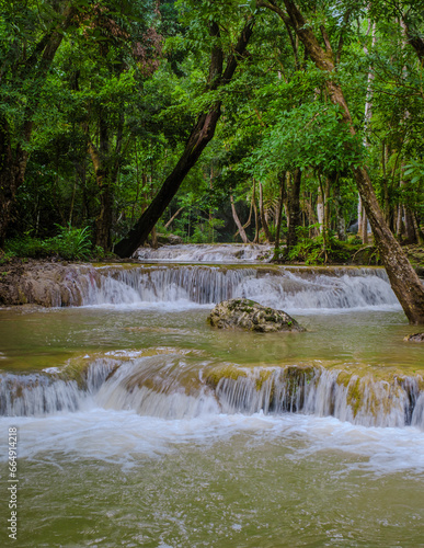 a beautiful deep forest waterfall in Thailand. Erawan Waterfall in National Park
