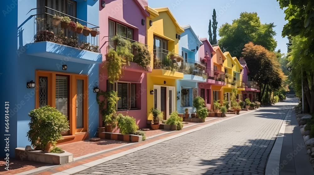 Colorful stucco traditional private townhouses. Residential architecture exterior