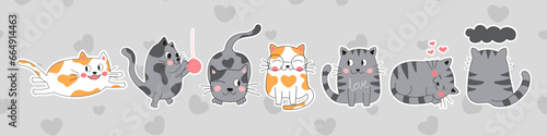 Set of drawing red and gray cats. Cats characters. Sticker in doodle or cartoon style.