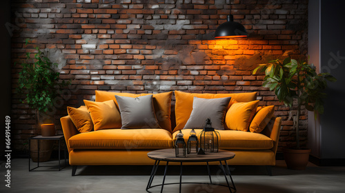 Comfortable sofa against grunge brick wall with copy space. Loft style interior design of modern living room © master graphics 