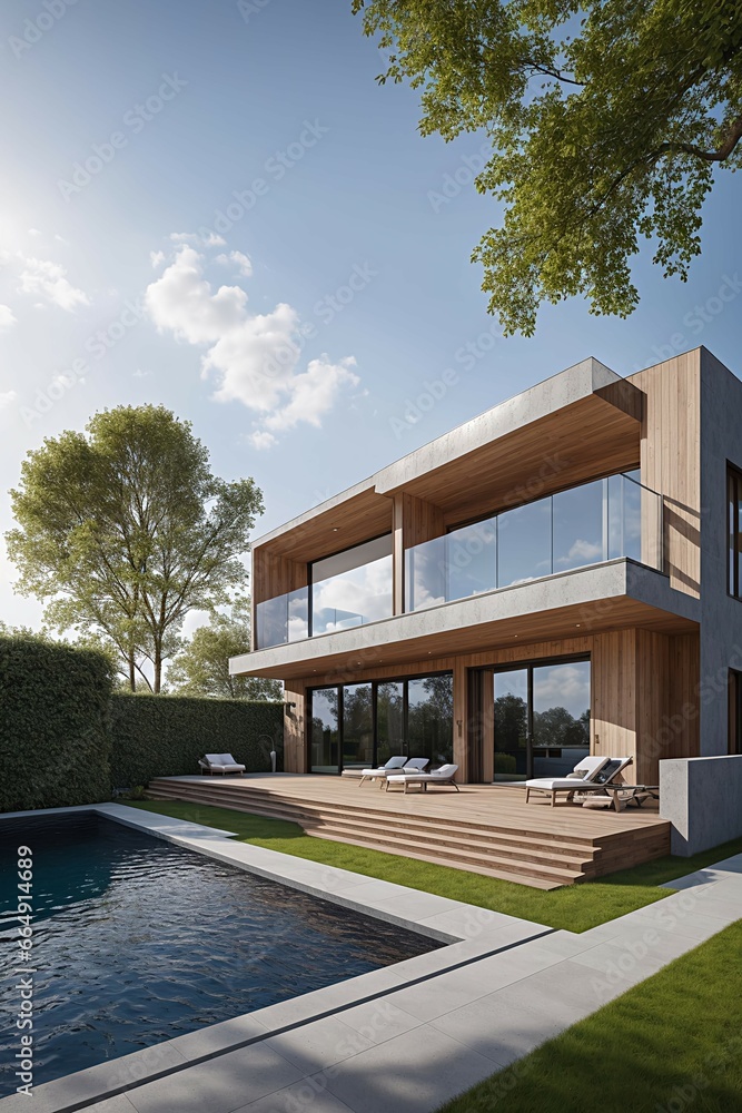 rendering of a modern house with a pool and a deck