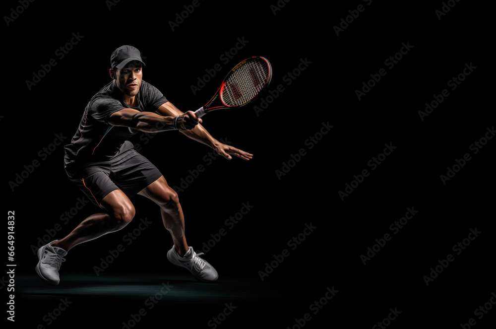 A fictional people. Tennis player is trying to hit a tennis ball. Place for text, copy space. A fictional people. Tennis player is trying to hit a tennis ball. Place for text, copy space.