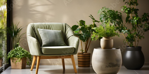 Cozy barrel chair between green houseplants near beige stucco wall. Home interior design of modern living room © master graphics 