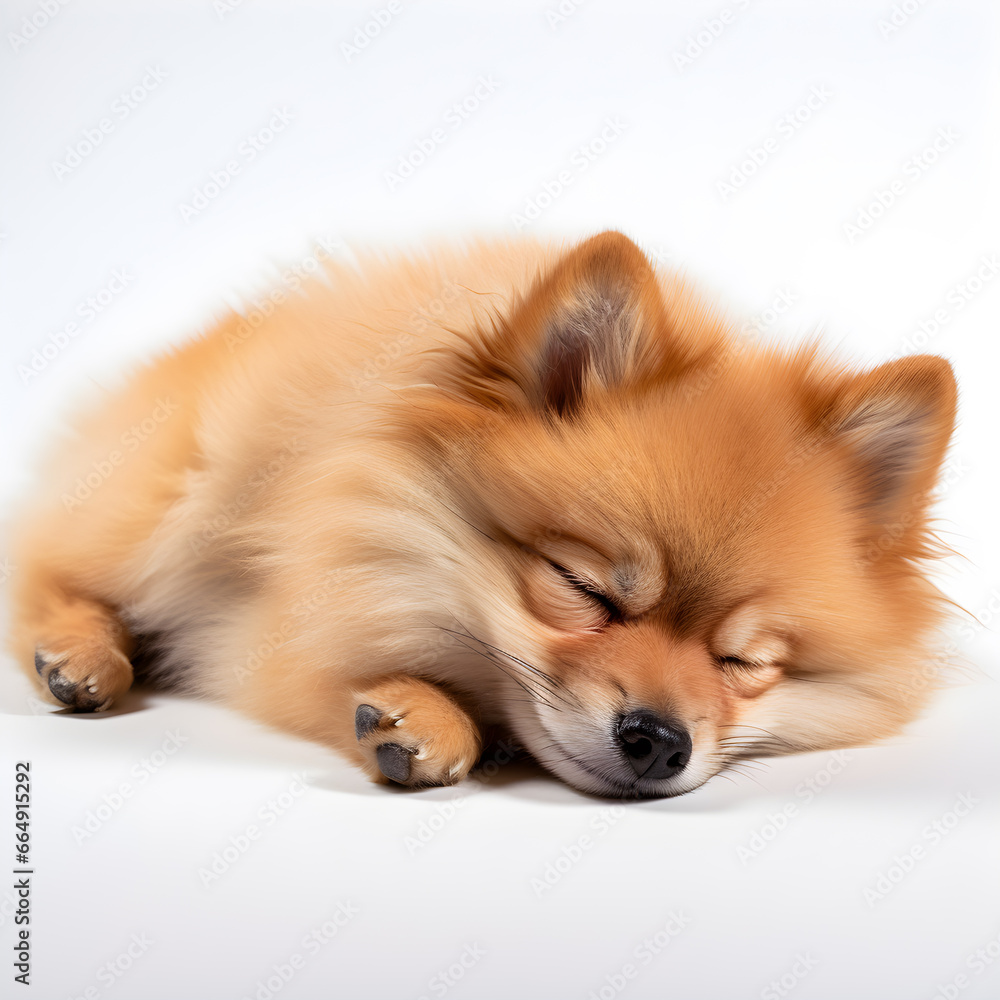 German Spitz sleeping on a white background German Spitz sleeping on a white background