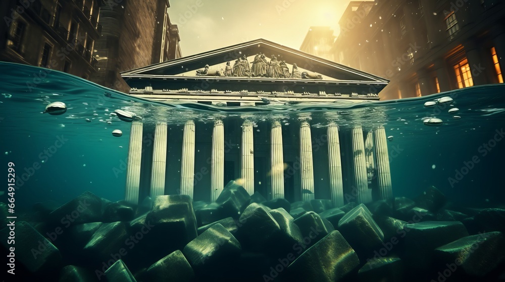 Banking crisis, depiction of a bank sinking underwater, representing bankruptcy, financial failure, and the economic impact of a market crash - obrazy, fototapety, plakaty 