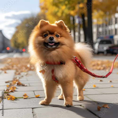 German Spitz walking on a leash in autumn