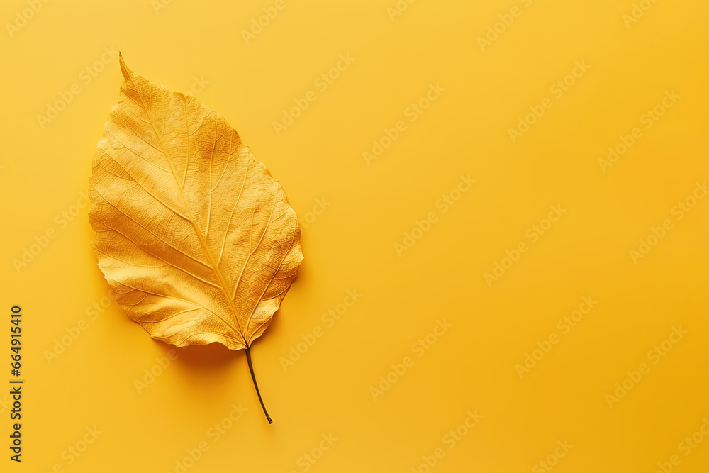 Fototapeta premium Autumn dried leaf on a yellow background with copy space