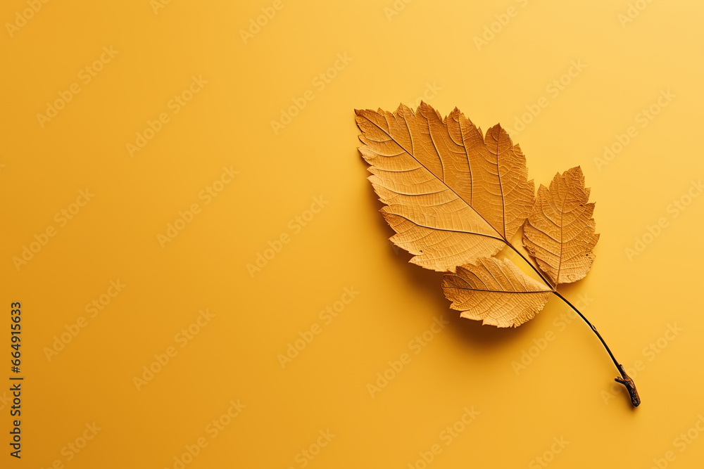 Autumn dried leaf on a yellow background with copy space Autumn dried leaf on a yellow background with copy space