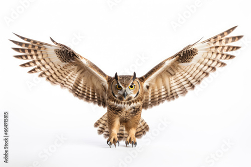 Flying owl on white background