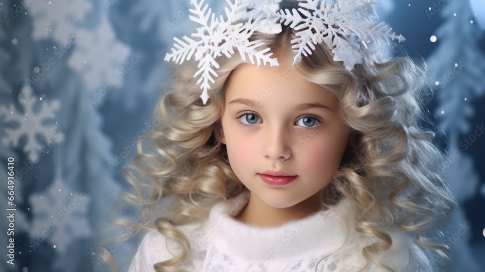 Holiday background with a beautiful child girl in a New Year's costume.