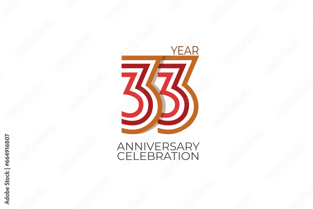 33th, 33 years, 33 year anniversary with retro style in 3 colors, red, pink and brown on white background for invitation card, poster, internet, design, poster, greeting cards, event - vector