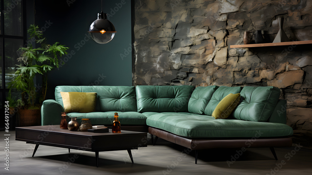 Dark green velvet corner sofa near concrete wall with stone wall decor
