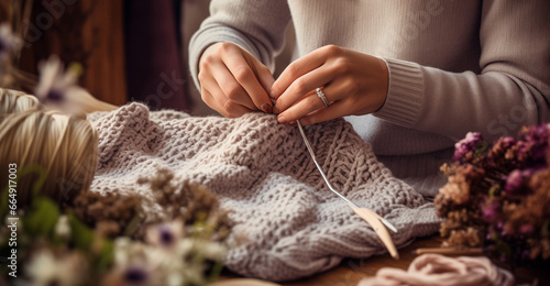 Woman is knitting using wool thread. Knit job, meditation photo