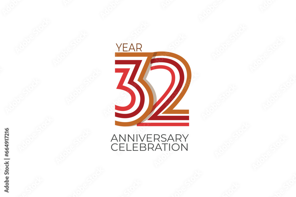 32th, 32 years, 32 year anniversary with retro style in 3 colors, red, pink and brown on white background for invitation card, poster, internet, design, poster, greeting cards, event - vector