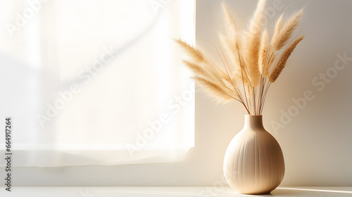 Decorative clay vase with pampas grass against window near white wall. Home decor background with copy space. Interior design of modern living room