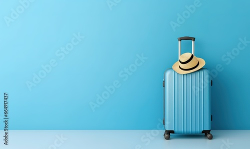 A suitcase stands in front of a blue wall side by side with a hat on top. Generative AI