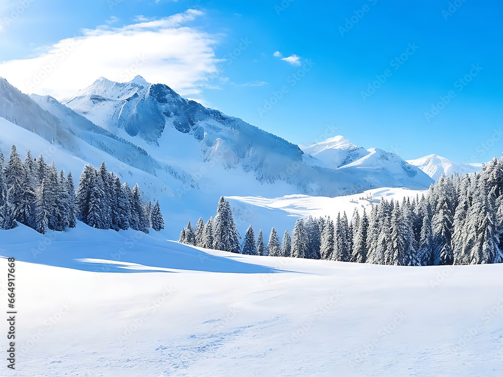 beautiful snowy landscape with the mountains, snowy forest and fir branches