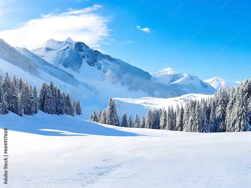 Fototapeta premium beautiful snowy landscape with the mountains, snowy forest and fir branches