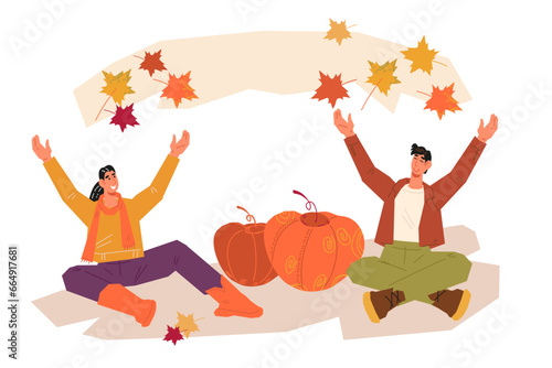 Autumn season joy, harvest fair and fall market banner backdrop design with people crop autumn pumpkins harvest, vector illustration isolated on white background.