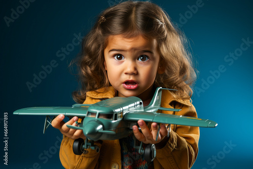 Girl with toy airplane on plain background, expressing fear and determination.