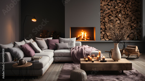 Fireplace and wooden logs coffee table near gray fabric sofa. Interior design of modern scandinavian living room