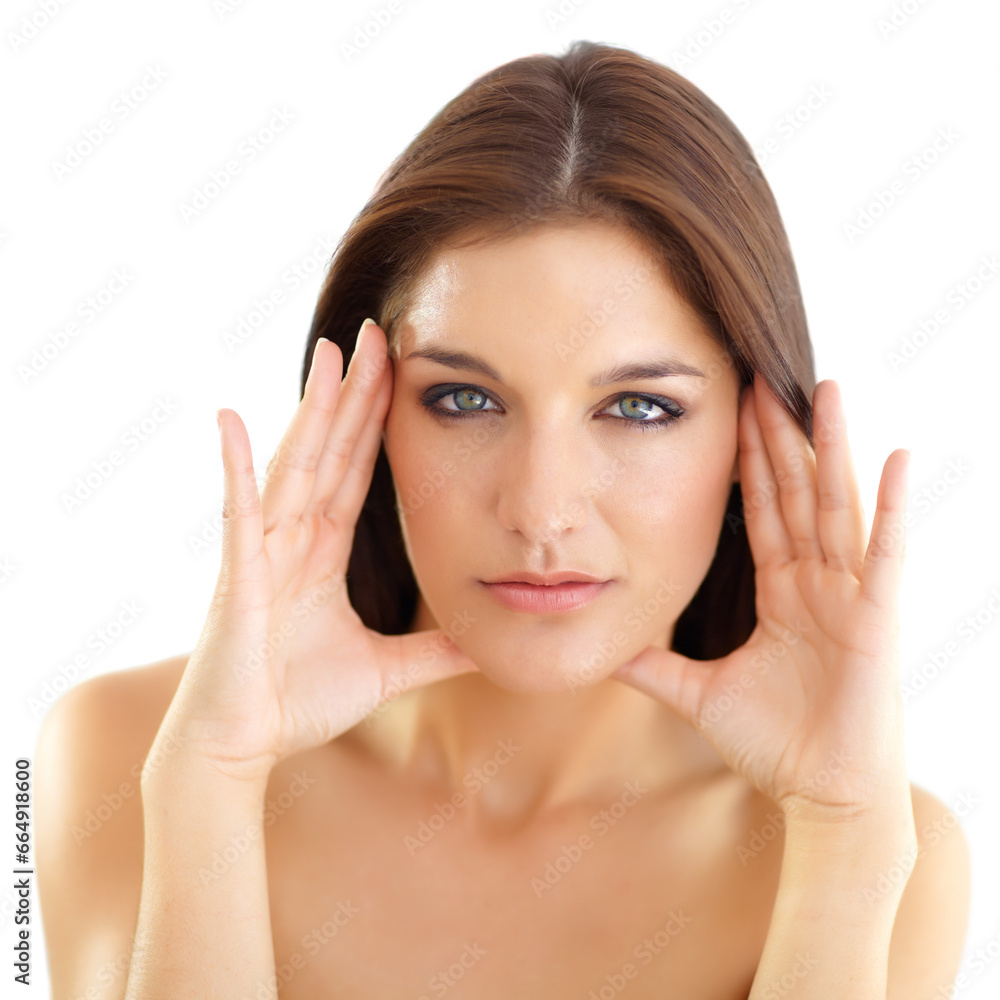 Portrait, beauty touch and skincare of woman in studio isolated on a white background. Face, hands and serious model in natural cosmetics for spa facial treatment, healthy skin and glow for wellness Portrait, beauty touch and skincare of woman in studio isolated on a white background. Face, hands and serious model in natural cosmetics for spa facial treatment, healthy skin and glow for wellness
