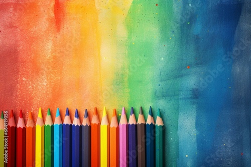 Child's grungy rainbow crayon artwork with a rough quality on artsy background, perfect for kindergarten illustration. Generative AI