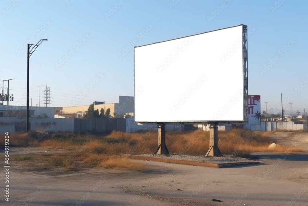 a white empty billboard for your advertising stands in a rusty dump in the urban area of a large urban metropolis. before the storm. blank advertising billboard mockup. Generative AI