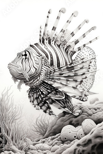 sketch of a lionfish underwater scene in a line art hand drawn style