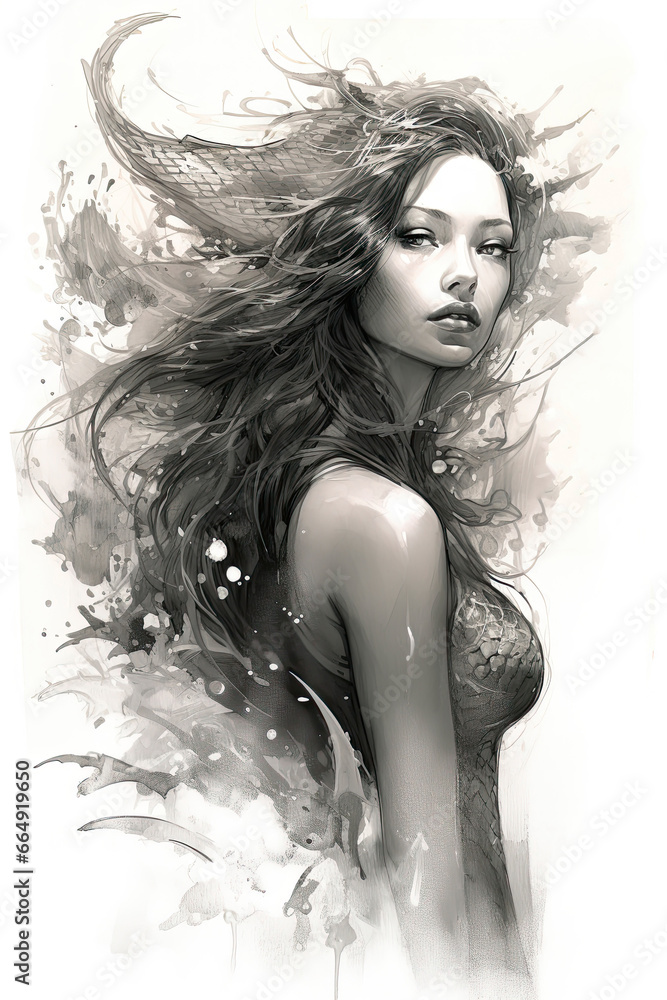 Fototapeta premium sketch of a mermaid in a line art hand drawn style