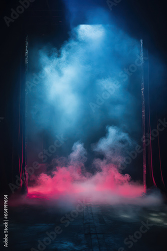 Empty stage or scene with spotlights and pink blue smoke effect as wallpaper background illustration