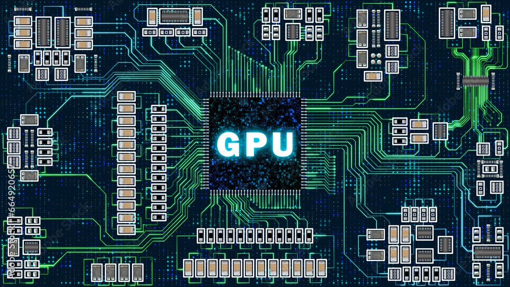Φωτογραφία digital GPU chipset illustration with circuit board and bright circuit lines