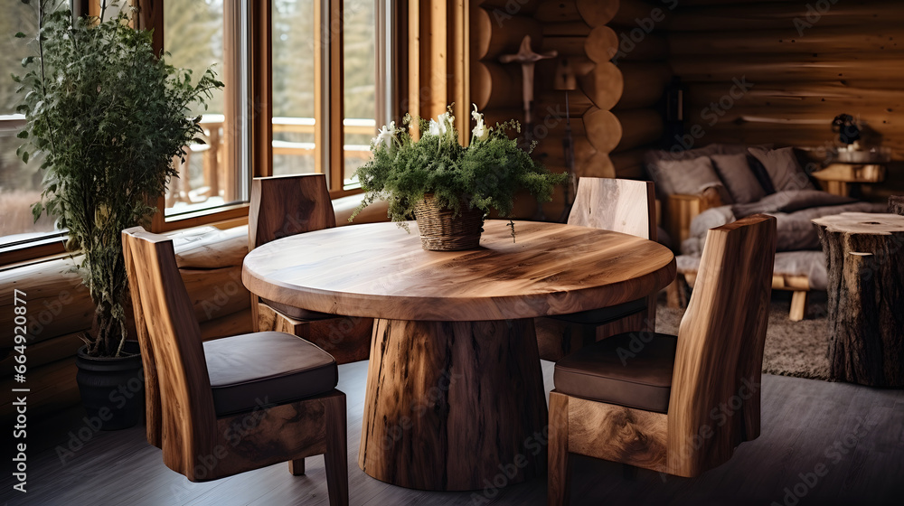 Obraz premium Handmade wooden log furniture, round dining table and chairs. Rustic interior design of modern living room in country house