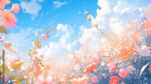 Japanese landscape, colorful sky. Vibrant flowers bloom, symbolizing nature's beauty. Anime-inspired artwork captures the essence of Japan's culture and seasons. Perfect for backgrounds, postcards.