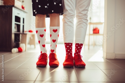 close-up of the feet of a teenage couple in matching clothes, red shoes and socks with hearts in a minimalist room