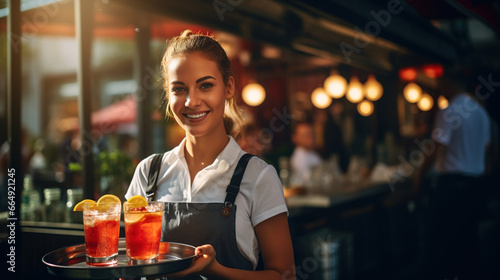 A Happy Young Restaurant Worker Enjoying Their Job with a Smile photo
