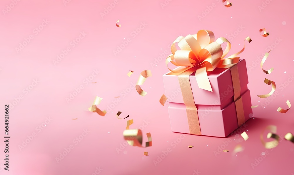 pink gift box with ribbon and confetti. Generative AI pink gift box with ribbon and confetti. Generative AI