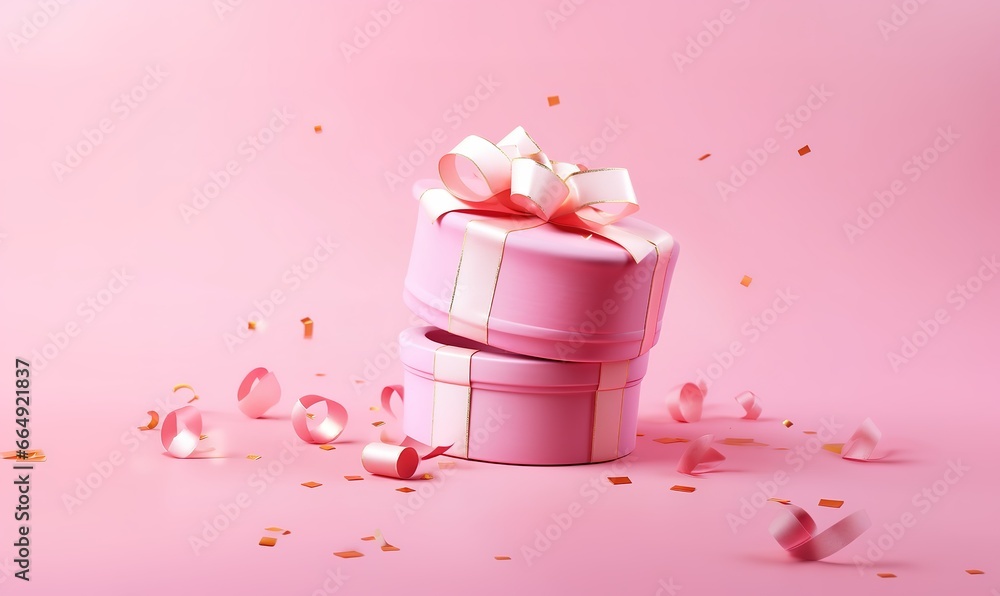 pink gift box with ribbon and confetti. Generative AI pink gift box with ribbon and confetti. Generative AI