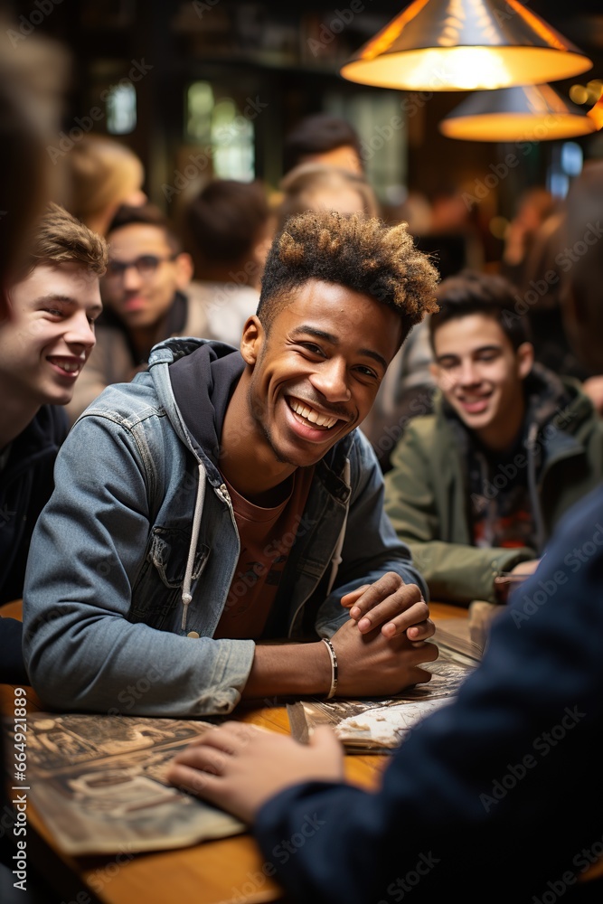 A gathering of male friends enjoying a conversation at a rustic table