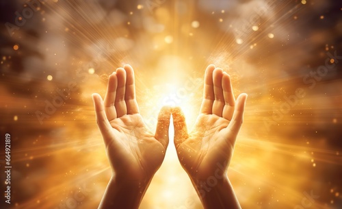 hands in prayer with golden lights. Generative AI photo