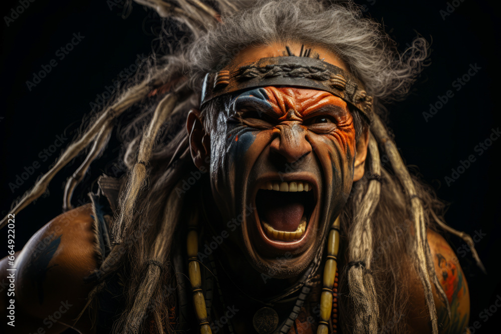 Man in warrior costume with tribal marks, screaming with raised weapon.