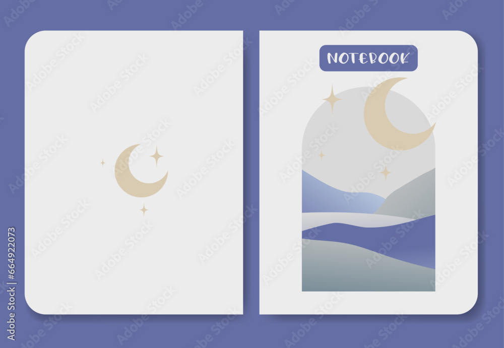 Notebook cover with landscape first and last page. Mountains aesthetic illustration.