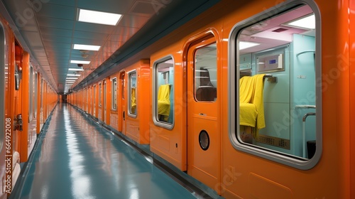 a vibrant hallway with contrasting orange and blue walls