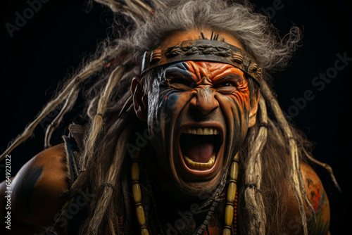 Man in warrior costume with tribal marks, screaming with raised weapon.