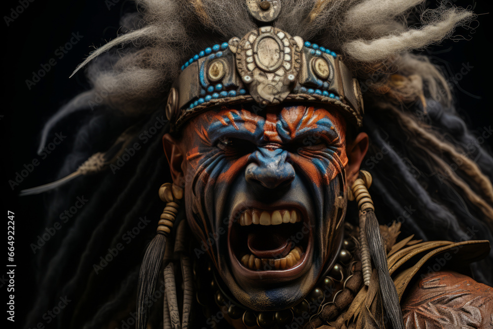 Angry warrior with tribal marks in costume, raising weapon. Angry warrior with tribal marks in costume, raising weapon.