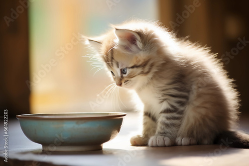 A cute cat and a bowl of food. Nutrition of pets, kittens, cats. The kitten does not want to eat, loss of appetite, does not like the food. The cat is waiting for food. photo