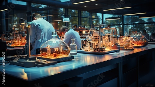 scientists conducting experiments in a laboratory filled with various glass flasks