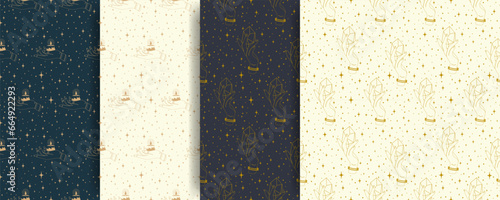 Seamless pattern set with witchcraft elements. Vector illustration, mystic woman