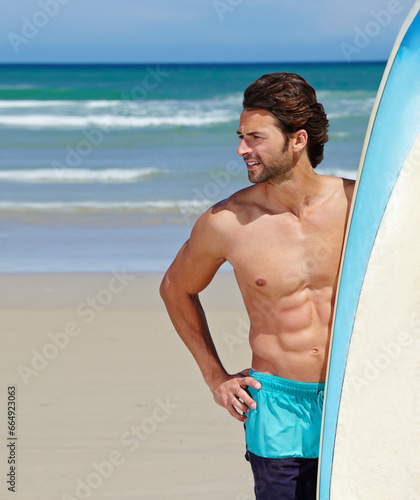 Photography Nature beach, surfboard and sports man on outdoor holiday, vacation and thinking of freedom, natural wellness or surfing