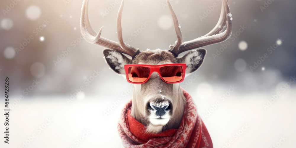 Funny portrait of a reindeer with sunglasses and red scarf in winter - obrazy, fototapety, plakaty 